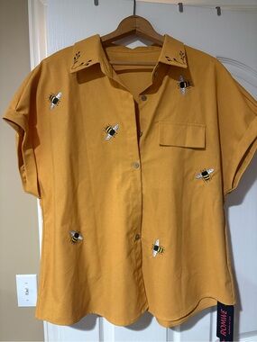 Romwe- Mustard Yellow Bee Embroidered Button-Up Top
